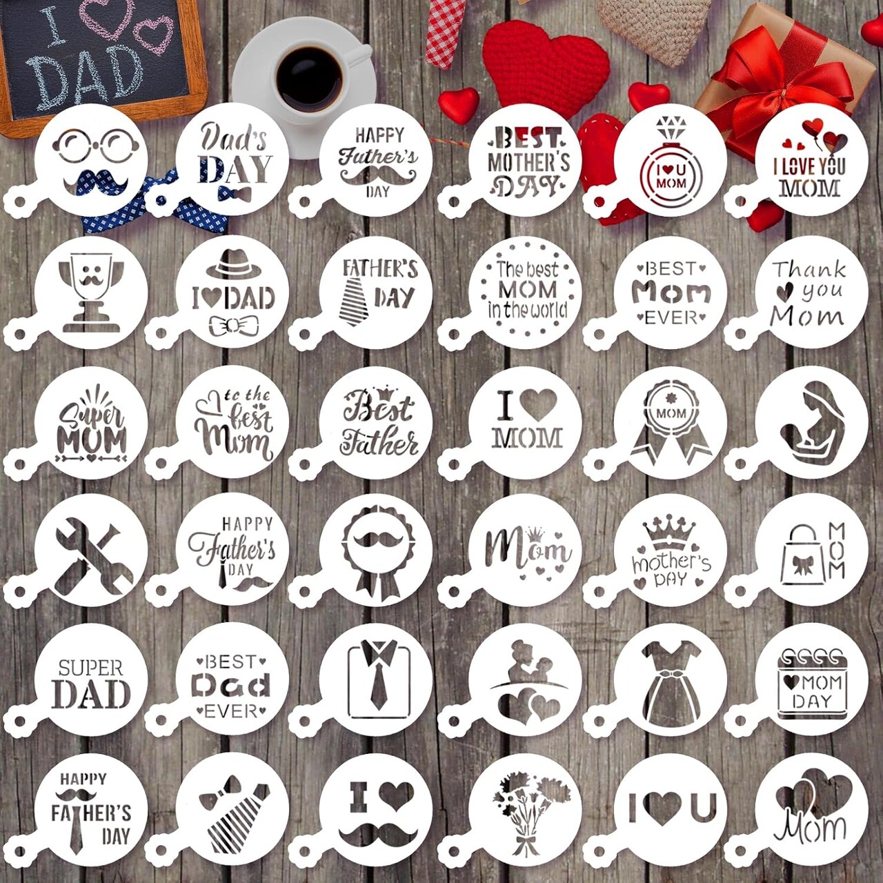 36-Piece Reusable Cookie & Cake Stencil Set – DIY Templates for Mother’s Day, Father’s Day, Birthday, Wedding, and Party Desserts, Royal Icing & Coffee Decorations